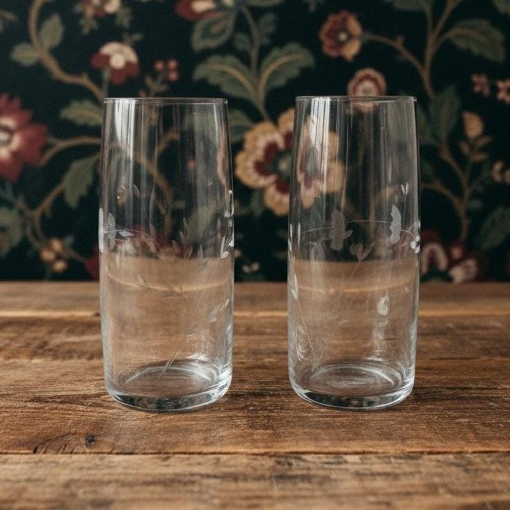 2  Princess House Heritage Crystal Coolers Iced Tea Tumblers Etched
